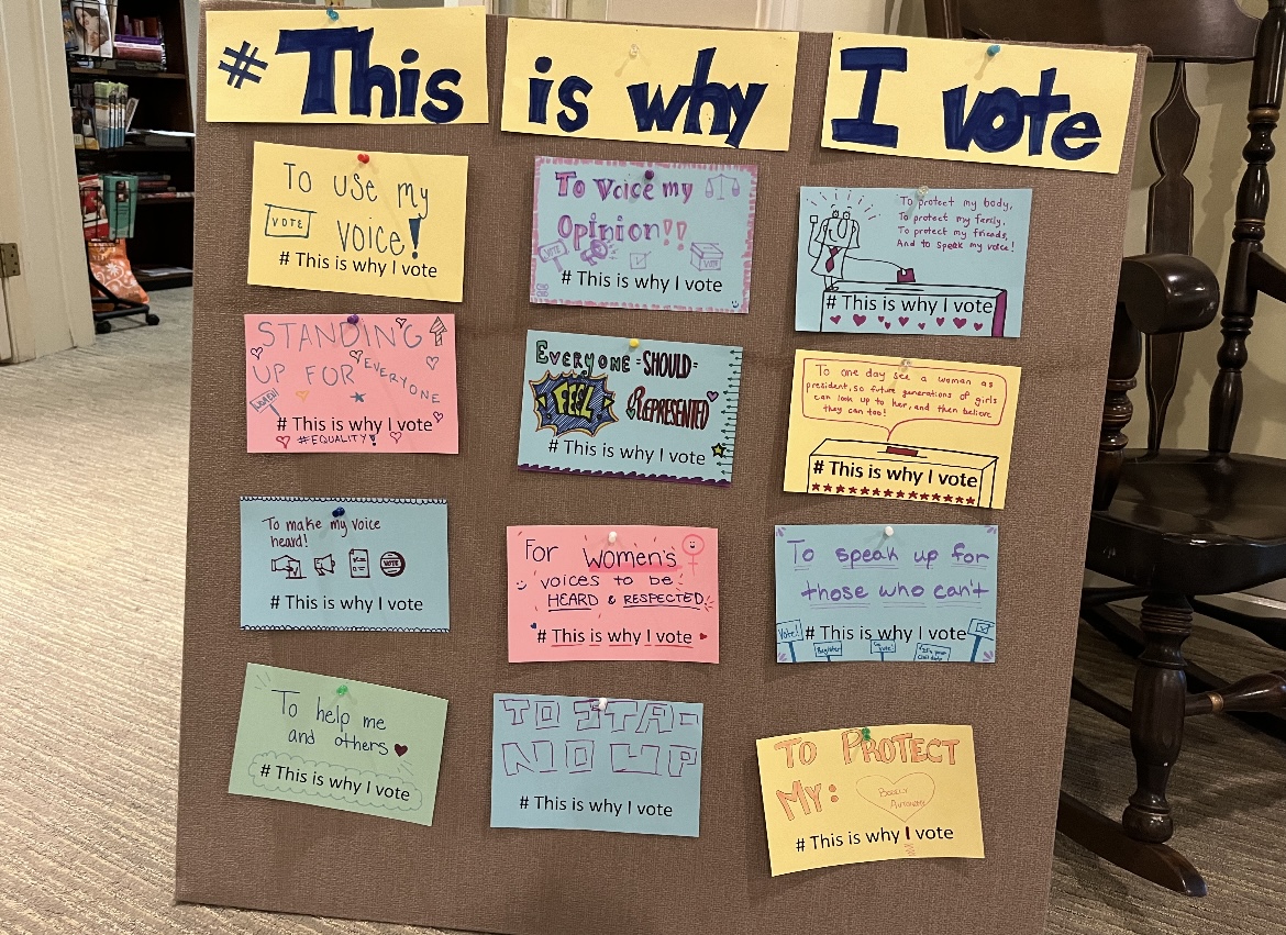 The “#ThisiswhyIvote” board displays reasons students shared as to why they think voting is important. 