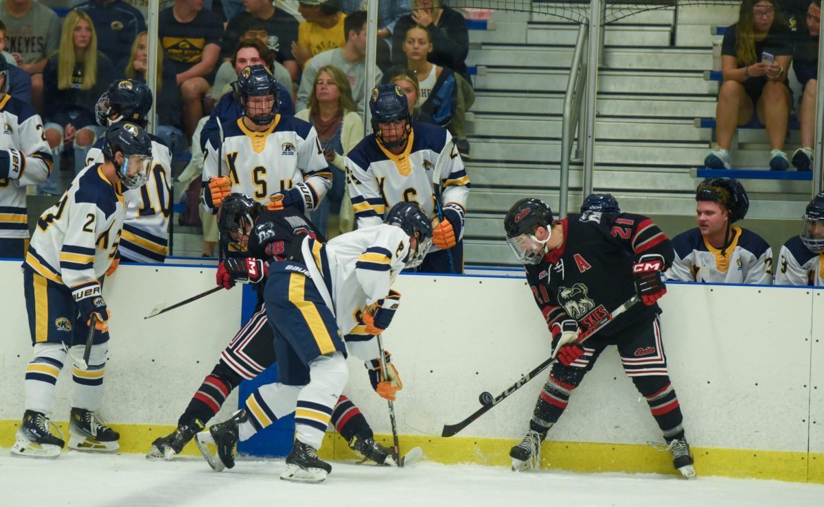 Cole Bianchin, Kent freshman and forward, checks Ryan Morgan, Northern Illinois freshman and forward, during the first period against Northern Illinois, Sept. 14th, 2024.