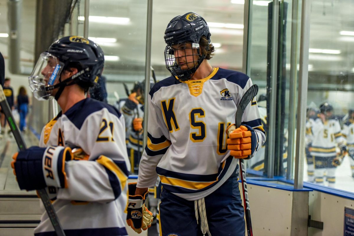 Kent State Senior and Forward Johnny Gabriel (right) follows the team back to the locker room at the end of the second period, Sept. 13th, 2024.