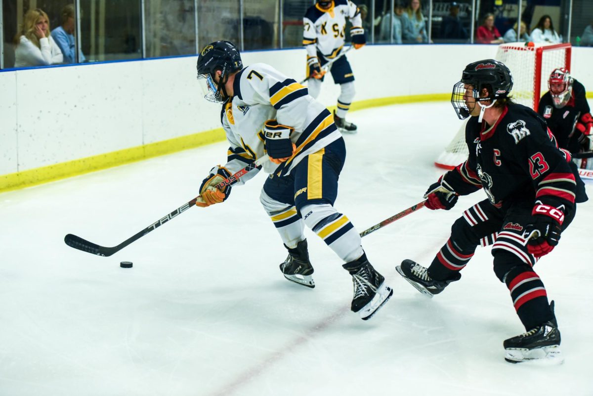 Kent State Junior and Forward Gabriel Lucchesi defends the puck against Northern Illinois Forward Rodahn Evans, in the third period, Sept. 14th, 2024.