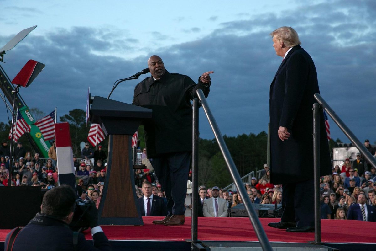 In this April 2022 photo, North Carolina Lt. Gov. Mark Robinson joins the stage with former President Donald Trump during a rally at The Farm at 95 in Selma, North Carolina.