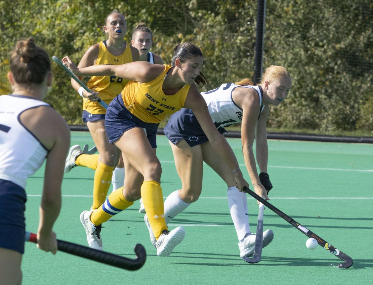 Sept. 13, 2024, senior midfielder Agustina Florio (23) fights Penn State’s redshirt freshman defender Elise DeWan (16) at the field hockey game.