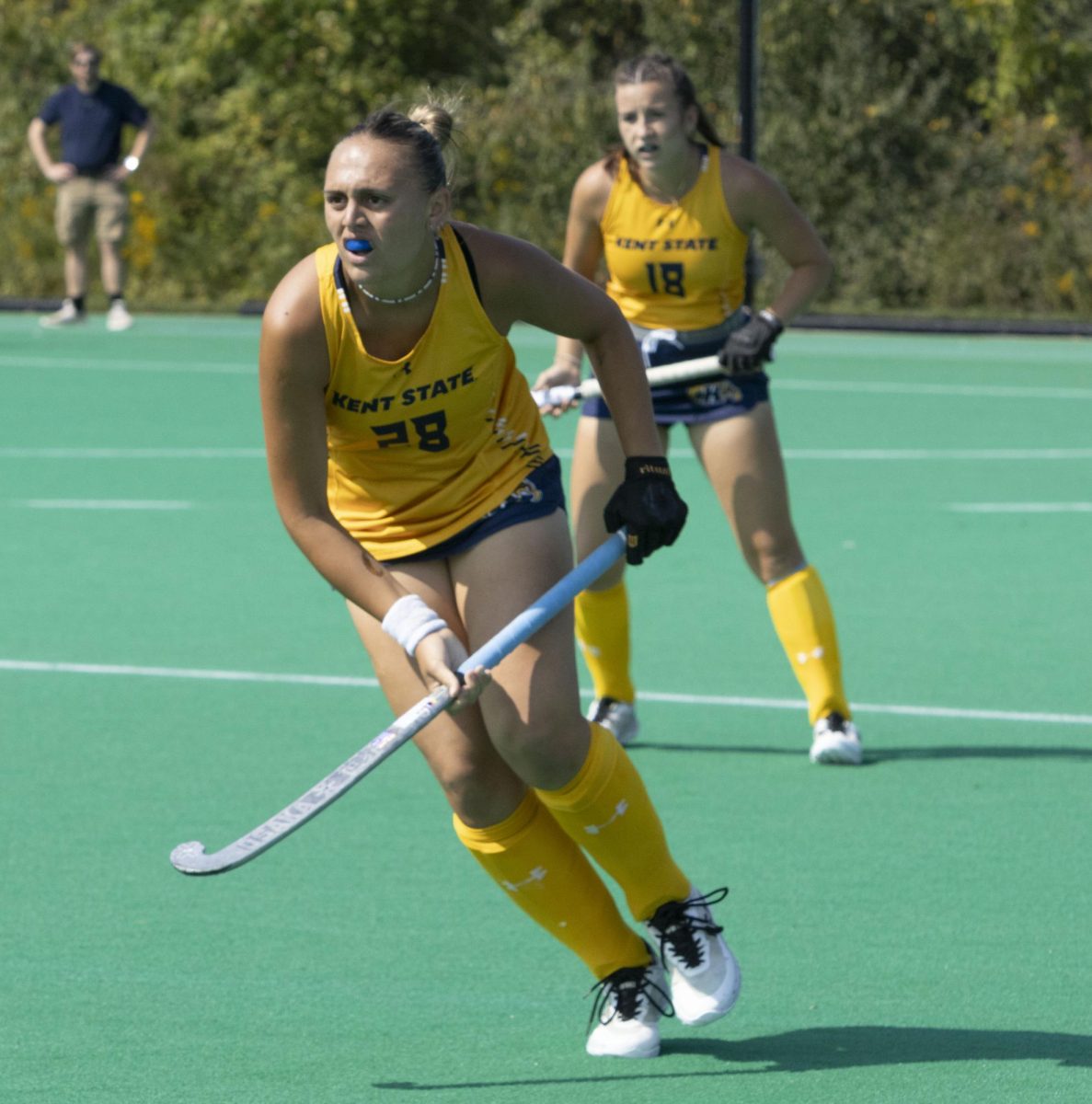 Freshman forward Delfina Larripa (28) chases the action down the pitch at the field hockey game against Penn State, Sept. 13, 2024.