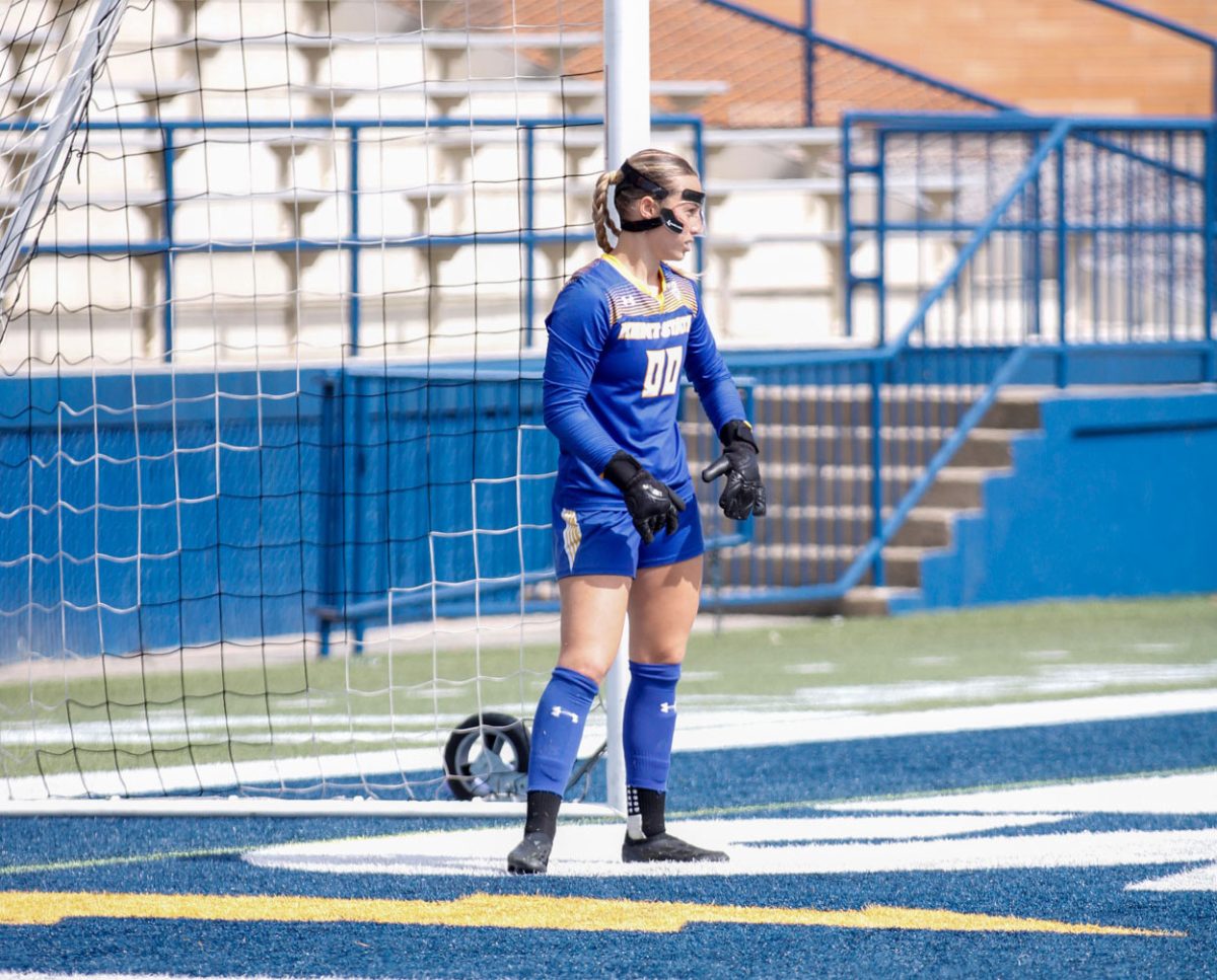 Kent State University, Senior, Goal-Keeper, Heidi Marshall getting prepared to block a kick by the opponent, Ball State University in their match on September 22,2024. 