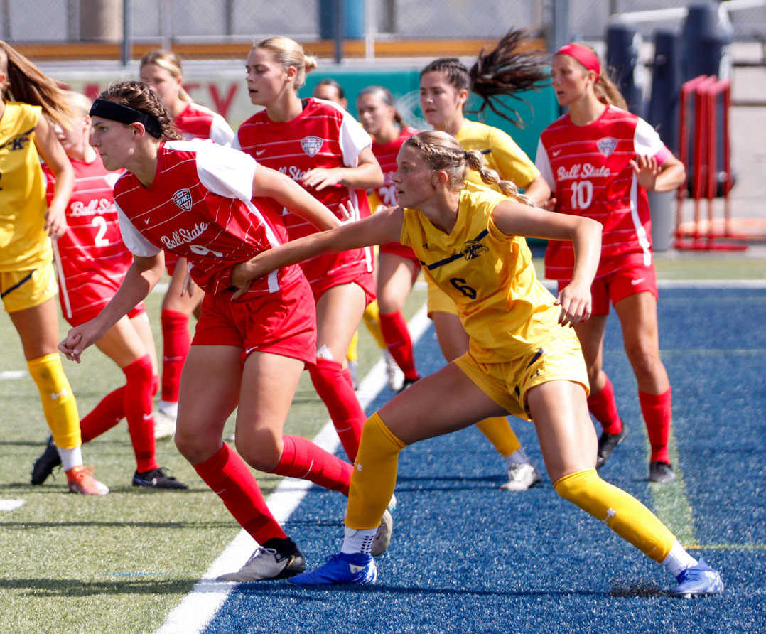 Kent State University, Sophomore, Defensive, Ava Todd blocking out Ball State University, Junior, Forward, Emily Roper in their match on September 22,2024. 