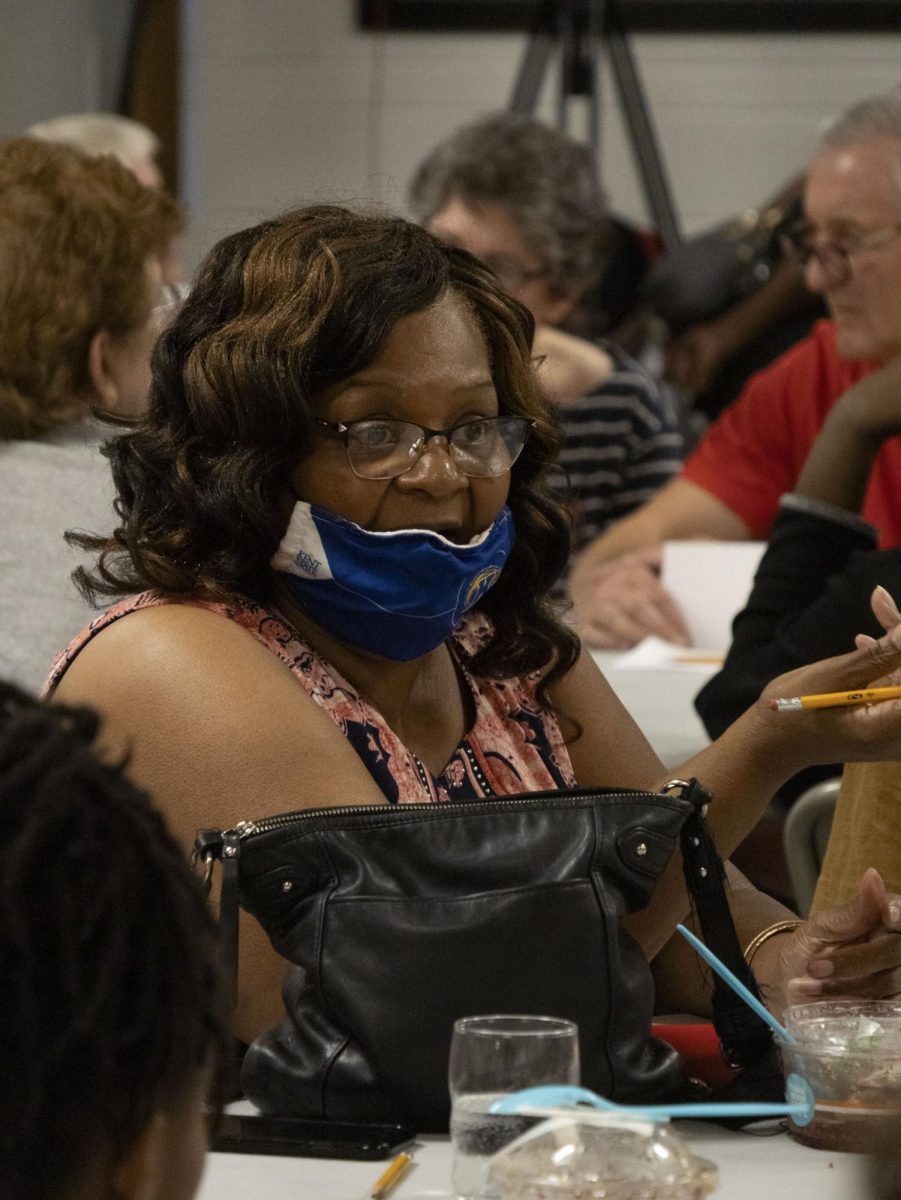 Sept. 19, 2024, a citizen of Portage County shares her thoughts with her table at the emergency NAACP meeting.