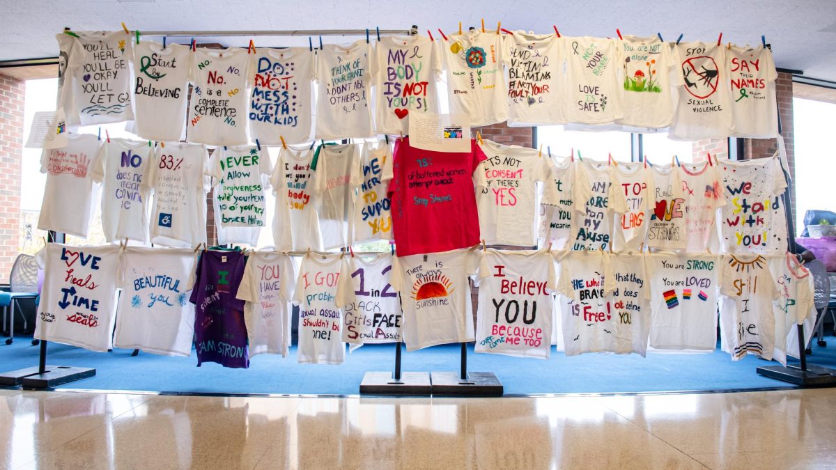 The Clothesline Project is an exhibit organized by SRVSS, in association with several campus departments, featuring shirts designed by survivors of power-based personal violence or friends and family to raise awareness of the impact of violence, Wednesday, Oct. 16, 2024. 