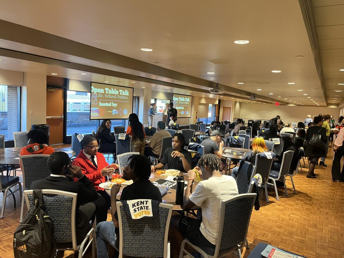 Students gather at the Kent State Student Center on Tuesday for an Open Table Talk event hosted by campus organizations.