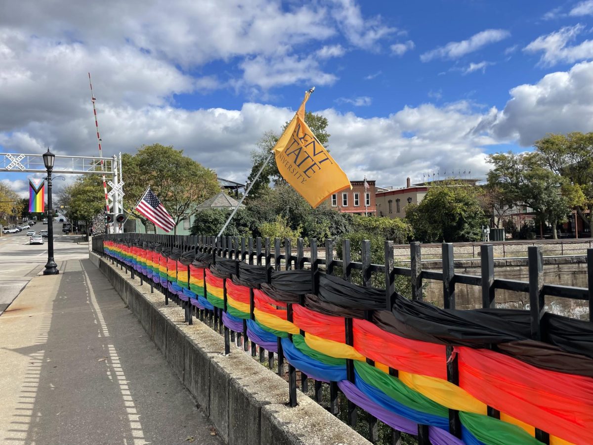 Decorated by staff of Kent State's LGBTQ+ Center, students and community members on Oct. 7, the Main Street bridge in downtown Kent is decked out in rainbow colors for Rainbow Weekend.