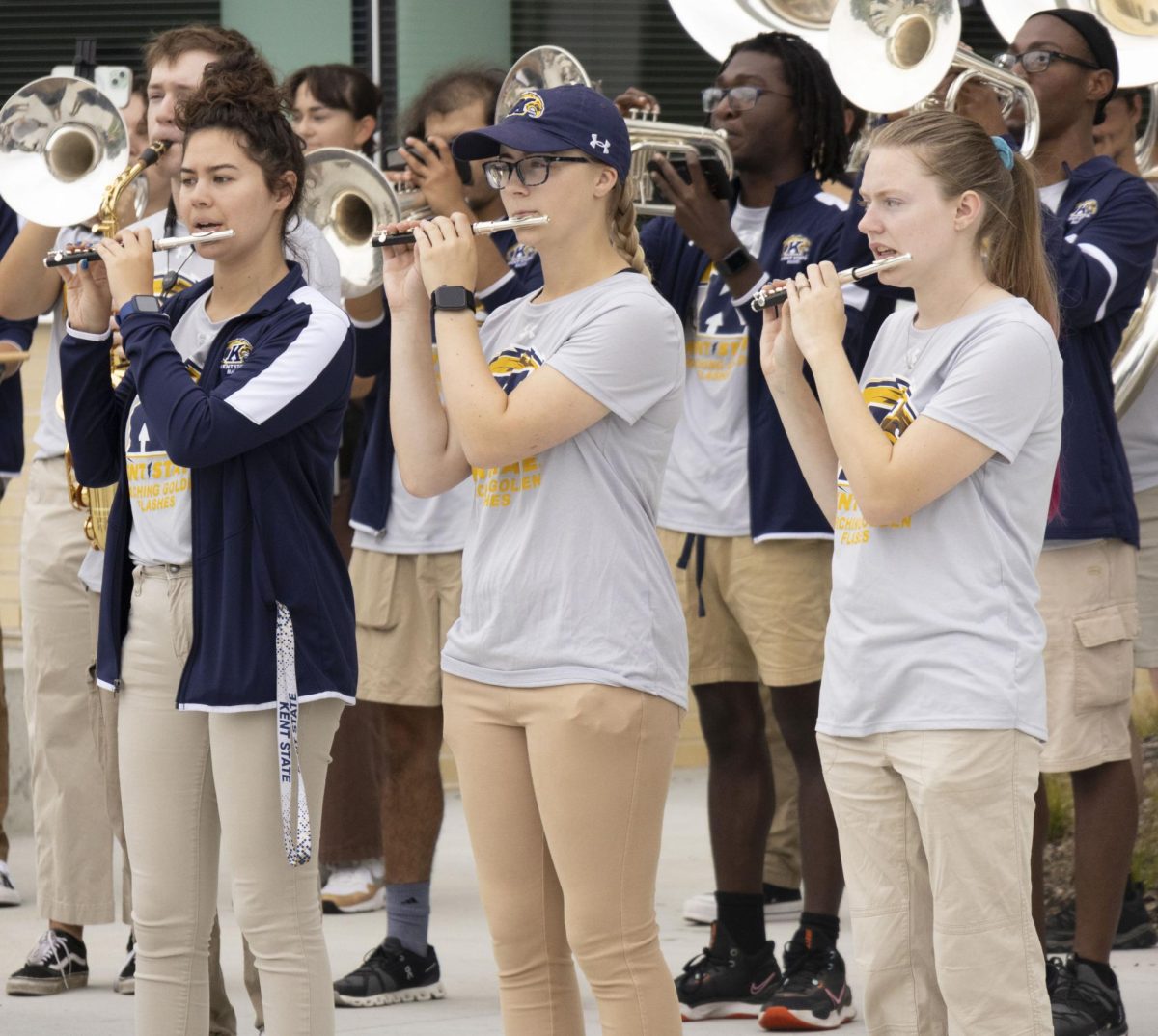 Members of the Golden Flashes Marching Band perform outside Crawford Hall, Sept. 27, 2024.