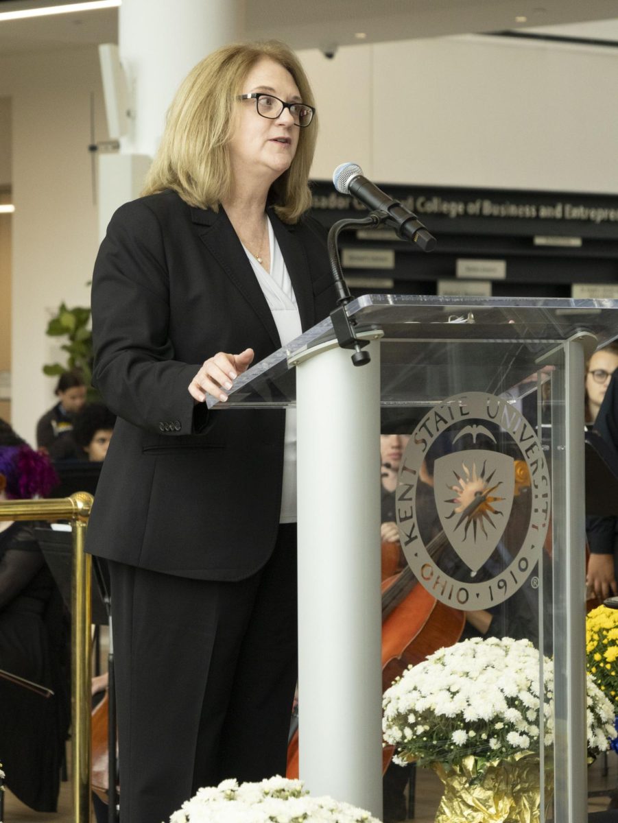 Deborah Spake, Dean of the Ambassador Crawford College of Business and Entrepreneurship delivers the opening remarks at Crawford Hall’s grand opening, Sept. 27, 2024.