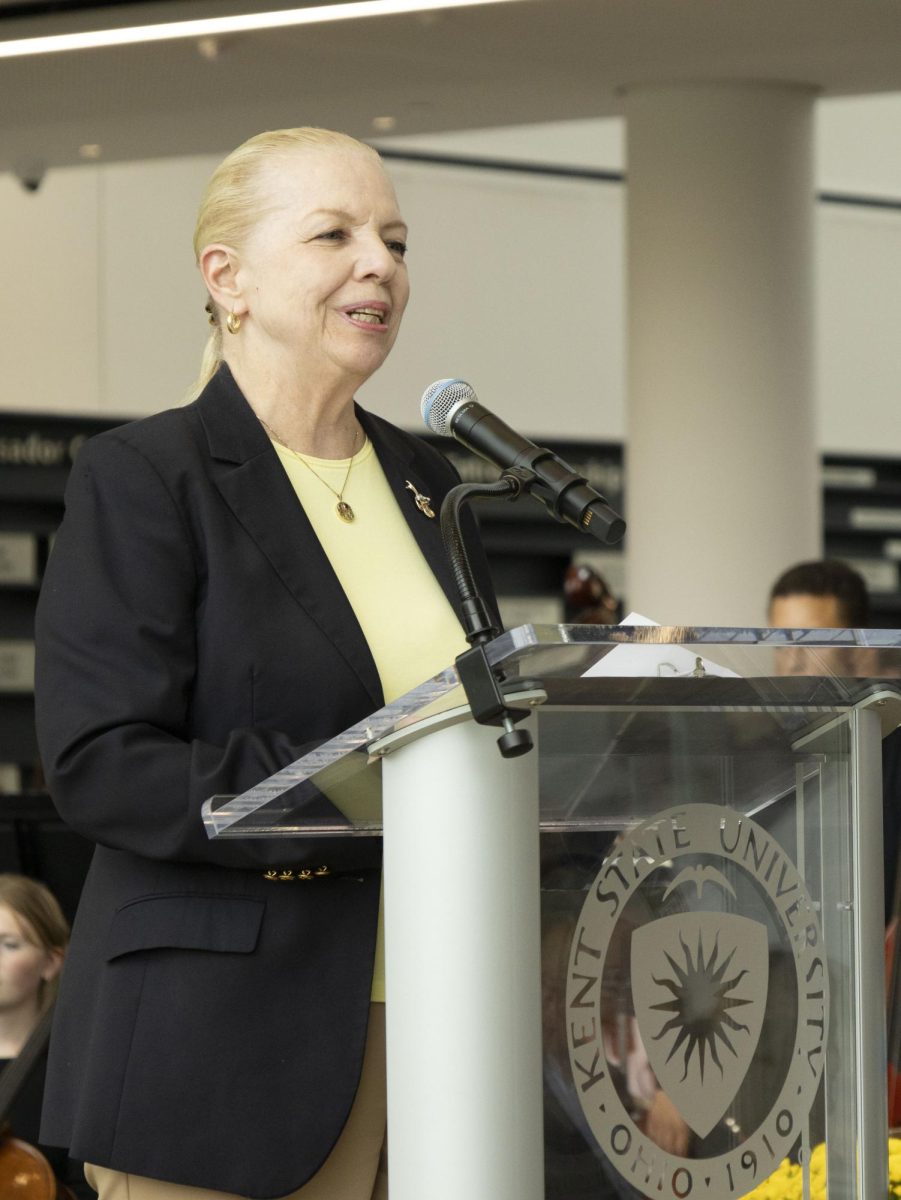 Sept. 27, 2024, Kent State Board of Trustees member Ann Womer Benjamin delivers a speech at Crawford Hall’s grand opening.