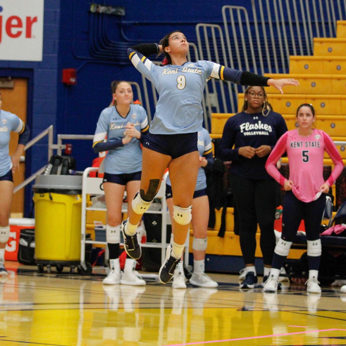 Kent State University redshirt senior Karina Salinas spikes the ball during the teams match against Ball State University on October 19, 2024. 