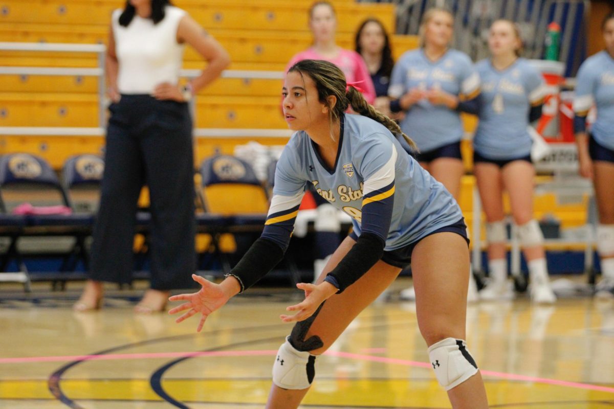 Kent State University redshirt senior, Karina Salinas gets ready for the ball to be served during the team’s match against Ball State University on October 19, 2024. 