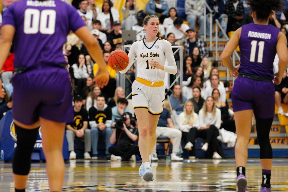 Kent State University senior guard Jenna Batsch dribbled the ball down the court against the opponent James Madison University on November 4, 2024 in the MACC. 