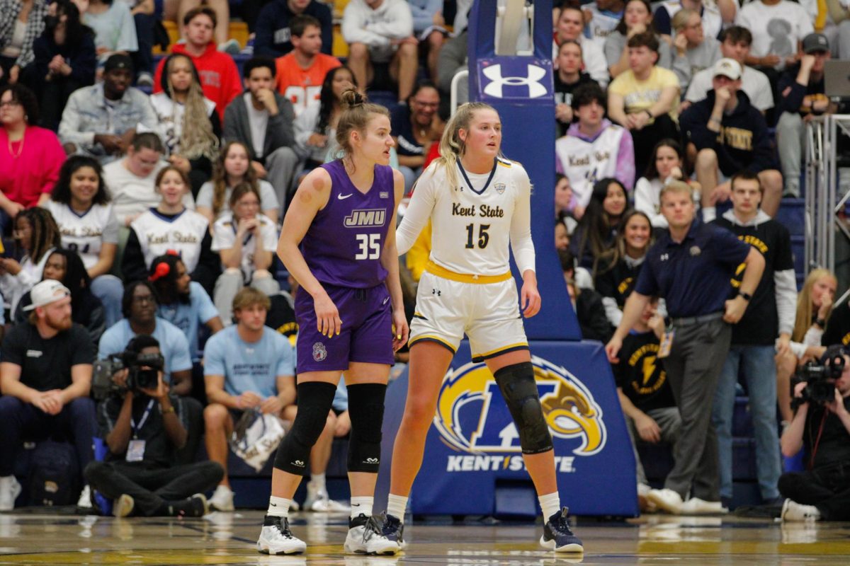 Kent State University senior forward Bridget Dunn got ready to block the opponent player from assisting during their first home game against James Madison University on November 4, 2024 in the MACC. 