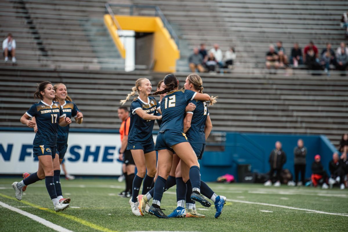 Kent State Soccer team celebrates goal made in the first half making the score three to two against Bowling Green, Oct. 31, 2024.