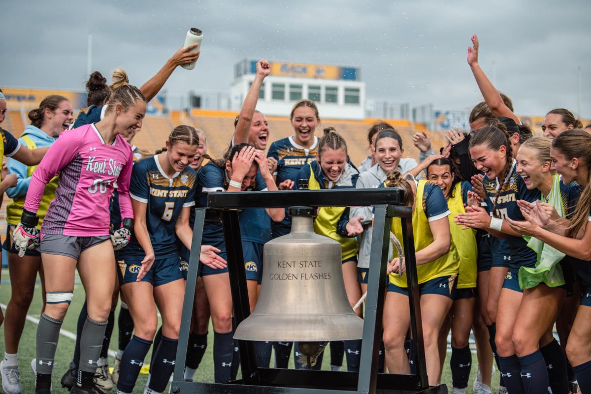 The Kent State soccer team celebrates their win against Bowling Green, Thursday, Oct. 31, 2024.