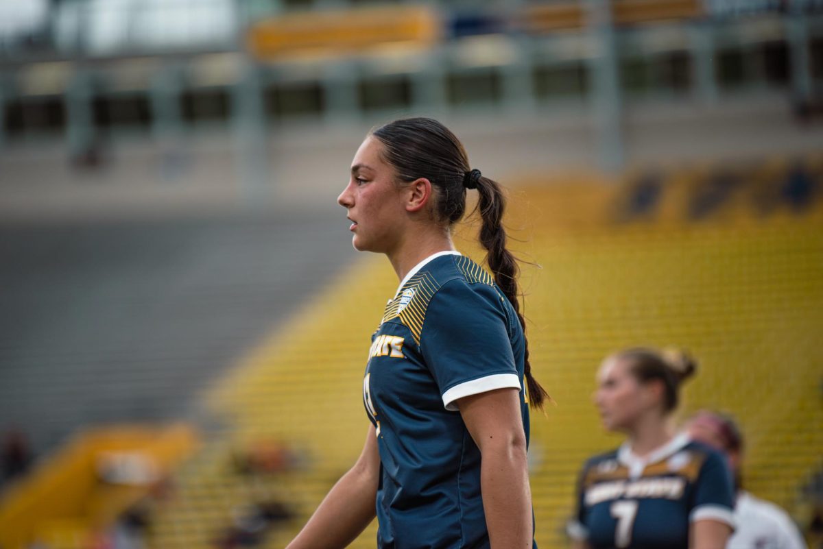 Jules Dolinski moves into position as she waits for play to restart during the first half. Oct. 31, 2024.