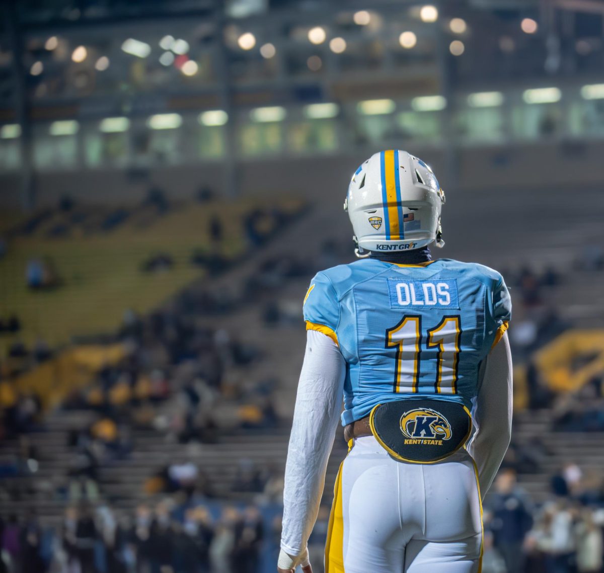 Kameron Olds a Kent State junior defensive end looks up to the stadium before getting into position before playing against Akron. Nov. 19, 2024.  