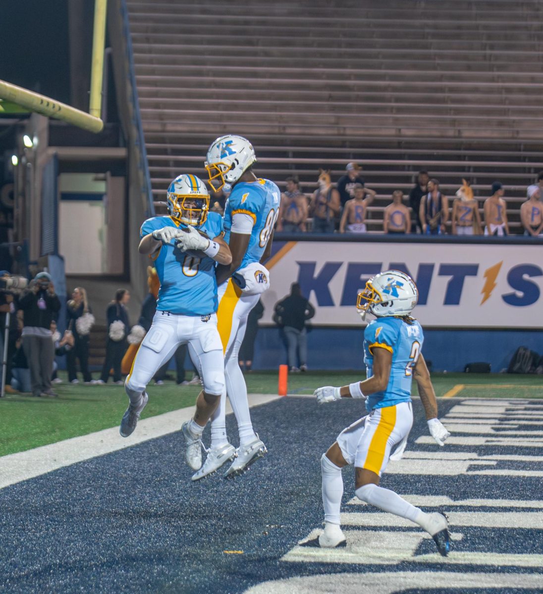 Kent State Football team celebrating touchdown by Luke Floriea in the first quarter against Akron. Nov 19, 2024.