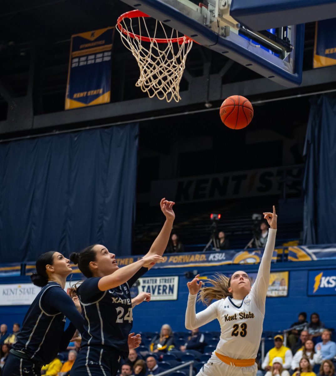 Kent sophomore Mya Babbitt, 23, shoots a layup during fourth quarter of the game against Xavier, Saturday, Nov. 23, 2024.