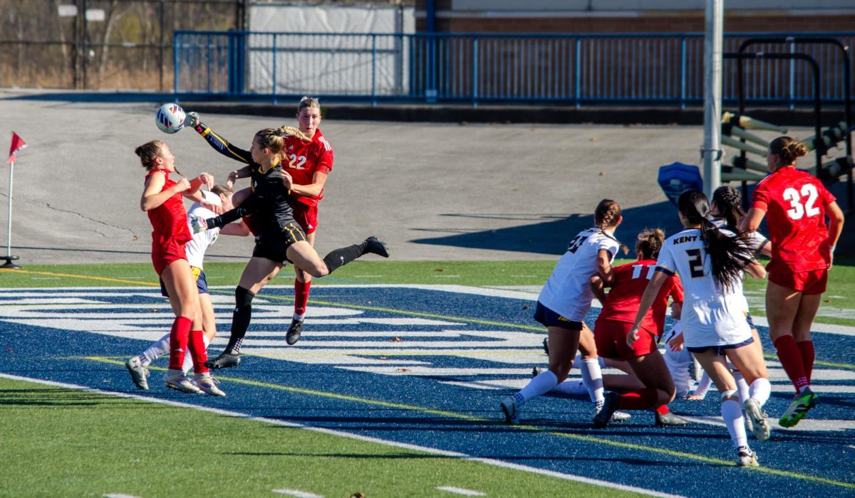 Kent State goalkeeper, Heidi Marshall, blocks a goal against Miami University at Dix Stadium on November 3, 2024.