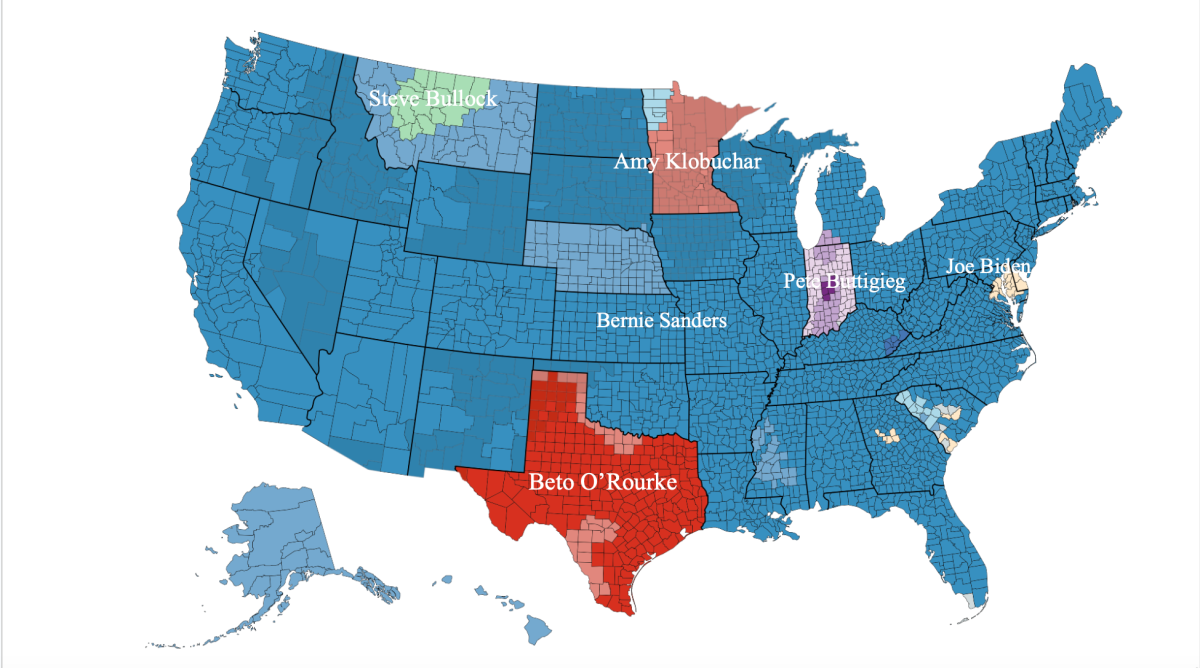 Map of donations received throughout the 2020 Democratic primary, showing the majority of contributions going to Senator Bernie Sanders (I-VT), and a small fraction of donations going to President Joe Biden, predominantly from his home state of Delaware. Canva illustration by Jackson Small.