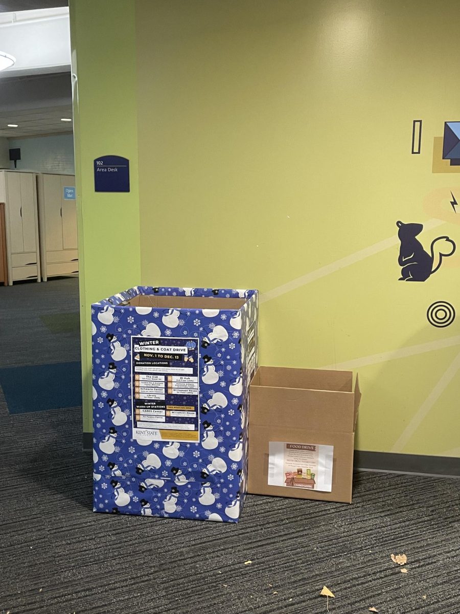 Winter clothing and coat donation box set up in Tri-Towers Rotunda on November 11, 2024.